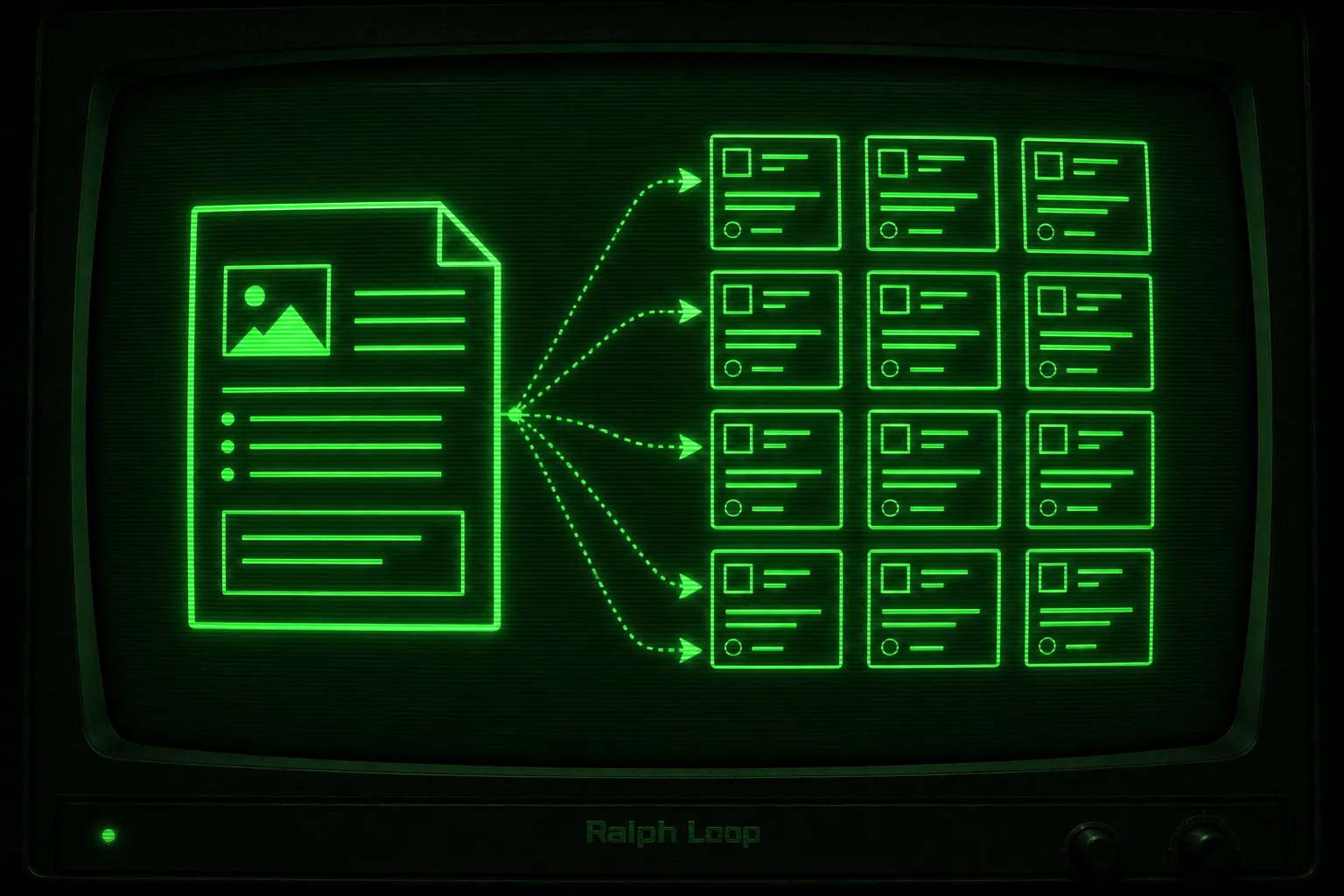 A PRD decomposed into atomic task packets that feed a tasks.json lookup table an AI agent works one at a time.