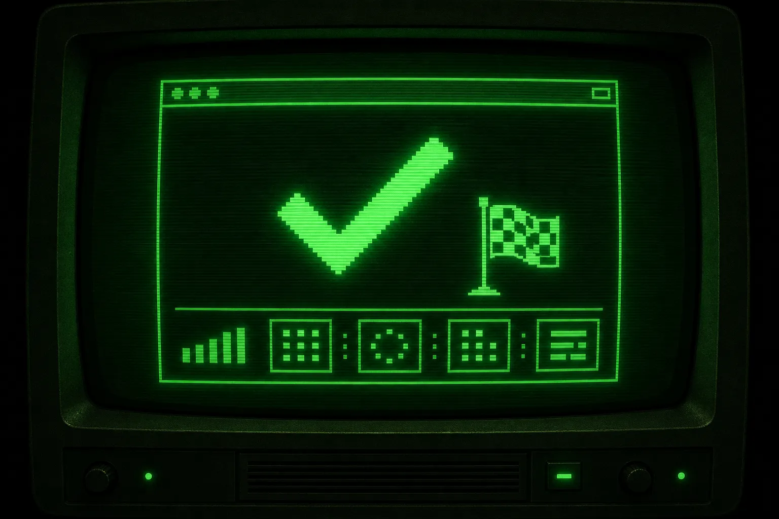 A green CRT terminal showing a promise tag and a shell exit code, with a branching arrow that either loops back to the prompt or stops, suggesting an agent loop deciding whether to continue.