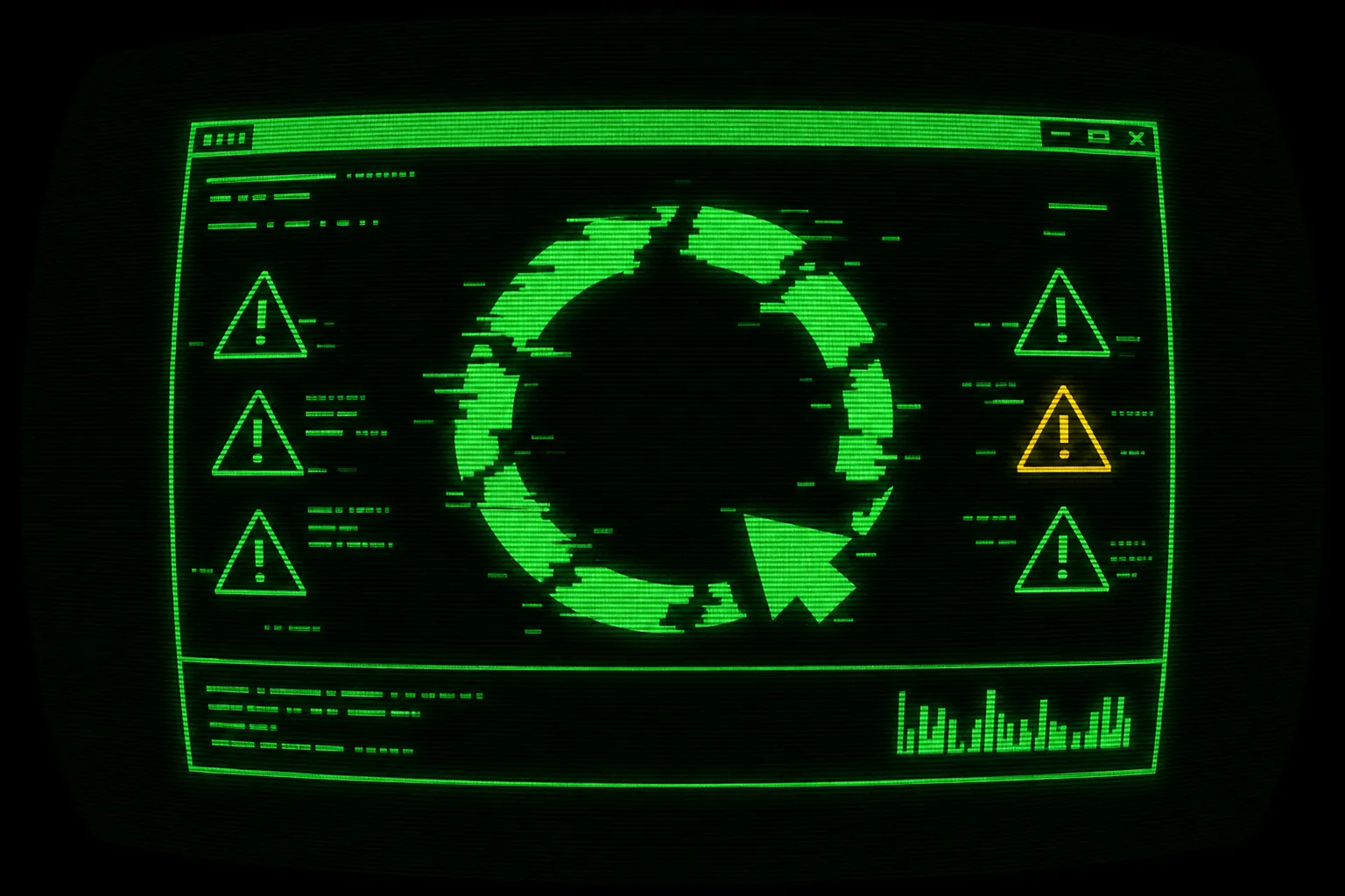 A green CRT terminal showing a looping agent process with warning markers branching off to labeled guardrails, suggesting failure modes mapped to fixes.