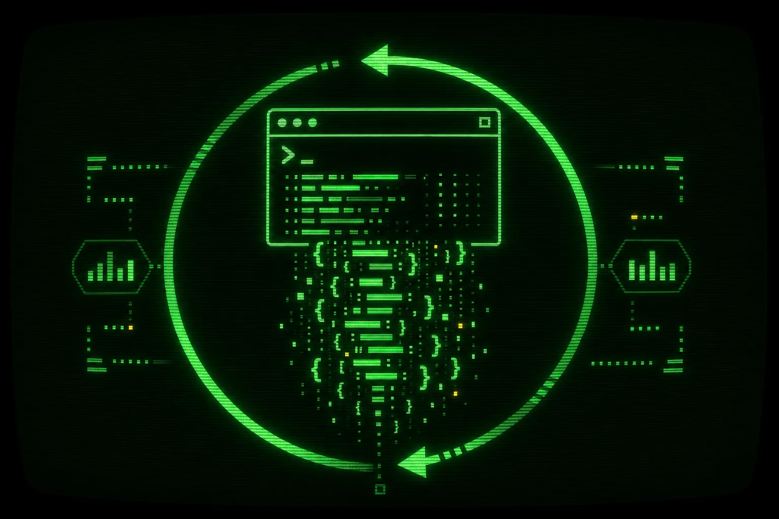A green CRT terminal showing Claude Code running in a looping Ralph loop inside a Docker sandbox